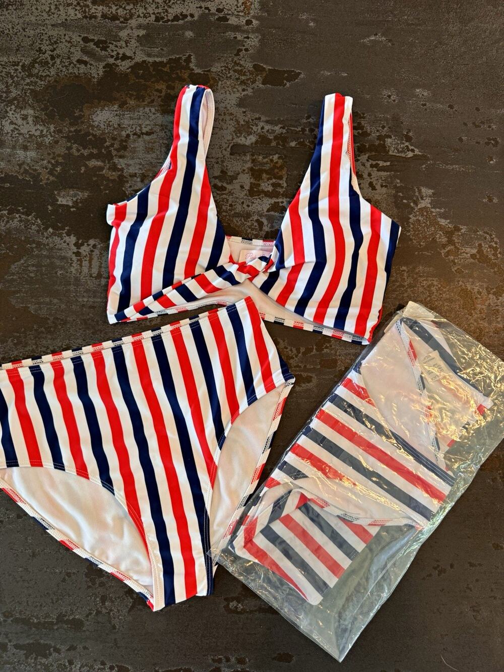Women's Red White Blue Striped 2-Piece Bikini Bralette High-Waist M Lined